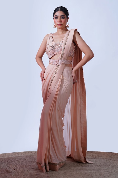 Aurouss Peach Georgette Isha Fleur Meadow Embellished Pre-draped Saree Set  