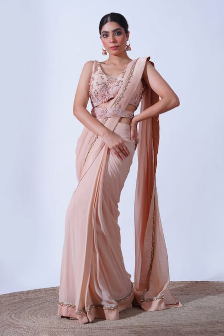 Buy_Aurouss_Peach Silk, Georgette Pearls, Isha Fleur Meadow Embellished Pre-draped Saree Set _Online_at_Aza_Fashions