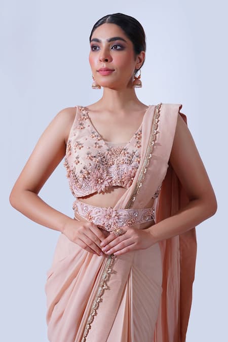 Shop_Aurouss_Peach Silk, Georgette Pearls, Isha Fleur Meadow Embellished Pre-draped Saree Set _Online_at_Aza_Fashions