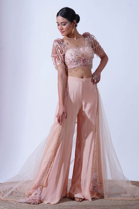 Shop Aurouss Peach Silk, Crepe Amrita 3d Bloom Garden Embellished Blouse Palazzo Set at Aza Fashions Shop_Aurouss_Peach Silk, Crepe Amrita 3d Bloom Garden Embellished Blouse Palazzo Set _at_Aza_Fashions