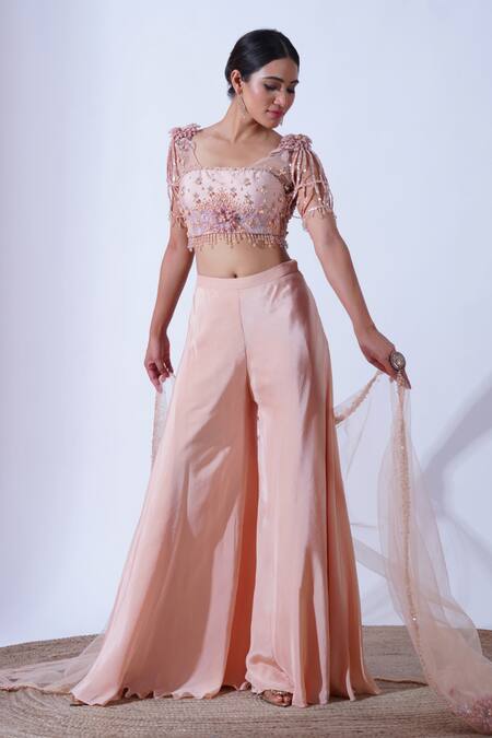 Aurouss Peach Silk, Crepe Amrita 3d Bloom Garden Embellished Blouse Palazzo Set Online at Aza Fashions Aurouss_Peach Silk, Crepe Amrita 3d Bloom Garden Embellished Blouse Palazzo Set _Online_at_Aza_Fashions