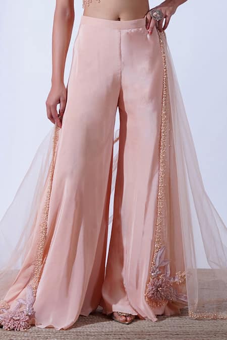 Buy Aurouss Peach Silk, Crepe Amrita 3d Bloom Garden Embellished Blouse Palazzo Set Online at Aza Fashions Buy_Aurouss_Peach Silk, Crepe Amrita 3d Bloom Garden Embellished Blouse Palazzo Set _Online_at_Aza_Fashions