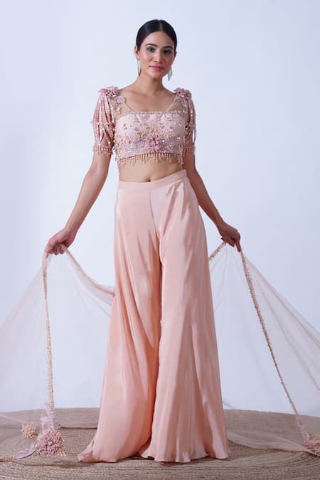 Shop Aurouss Peach Silk, Crepe Amrita 3d Bloom Garden Embellished Blouse Palazzo Set Online at Aza Fashions Shop_Aurouss_Peach Silk, Crepe Amrita 3d Bloom Garden Embellished Blouse Palazzo Set _Online_at_Aza_Fashions