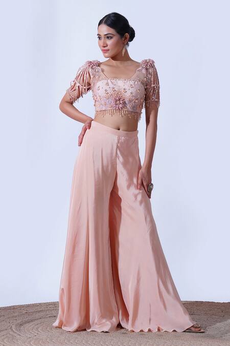 Aurouss Peach Silk, Crepe Amrita 3d Bloom Garden Embellished Blouse Palazzo Set at Aza Fashions Aurouss_Peach Silk, Crepe Amrita 3d Bloom Garden Embellished Blouse Palazzo Set _at_Aza_Fashions