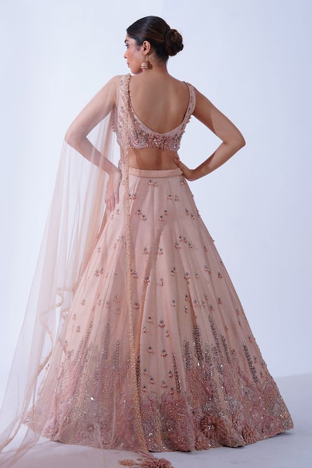 Shop Aurouss Peach Silk, Tulle Pearls, Sequins, Amara Garden Embellished Bridal Lehenga Set at Aza Fashions Shop_Aurouss_Peach Silk, Tulle Pearls, Sequins, Amara Garden Embellished Bridal Lehenga Set _at_Aza_Fashions