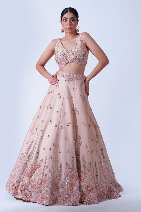 Buy Aurouss Peach Silk, Tulle Pearls, Sequins, Amara Garden Embellished Bridal Lehenga Set Online at Aza Fashions Buy_Aurouss_Peach Silk, Tulle Pearls, Sequins, Amara Garden Embellished Bridal Lehenga Set _Online_at_Aza_Fashions