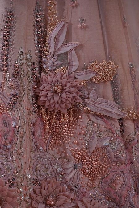 Shop Aurouss Peach Silk, Tulle Pearls, Sequins, Amara Garden Embellished Bridal Lehenga Set Online at Aza Fashions Shop_Aurouss_Peach Silk, Tulle Pearls, Sequins, Amara Garden Embellished Bridal Lehenga Set _Online_at_Aza_Fashions