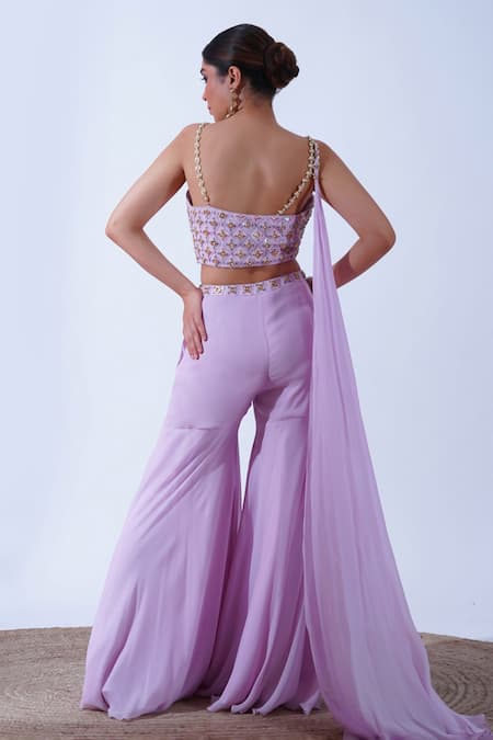Shop Aurouss Purple Georgette Persian Ring Bloom Embroidered Blouse With Sharara Pant at Aza Fashions Shop_Aurouss_Purple Georgette Persian Ring Bloom Embroidered Blouse With Sharara Pant _at_Aza_Fashions