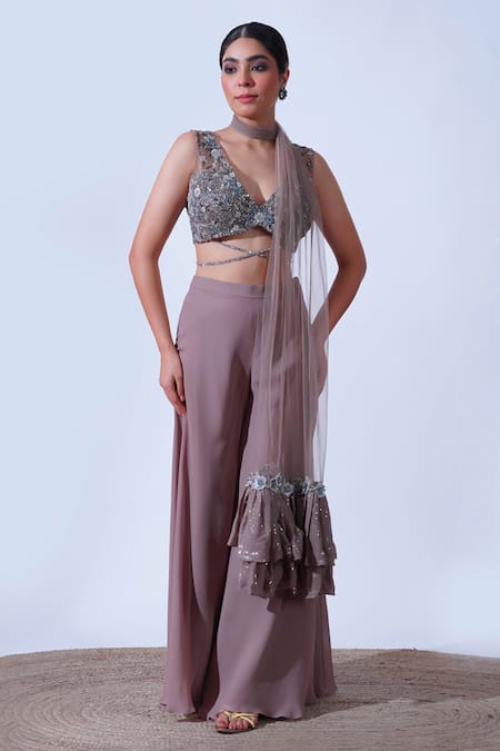 Aurouss Brown Georgette Embroidery Sequin Plunging V Sahiba Astral Blouse Palazzo Set 