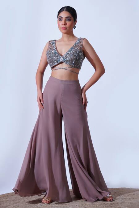 Aurouss_Brown Tulle, Georgette, Satin Sahiba Astral Embroidered Blouse Palazzo Set _Online_at_Aza_Fashions