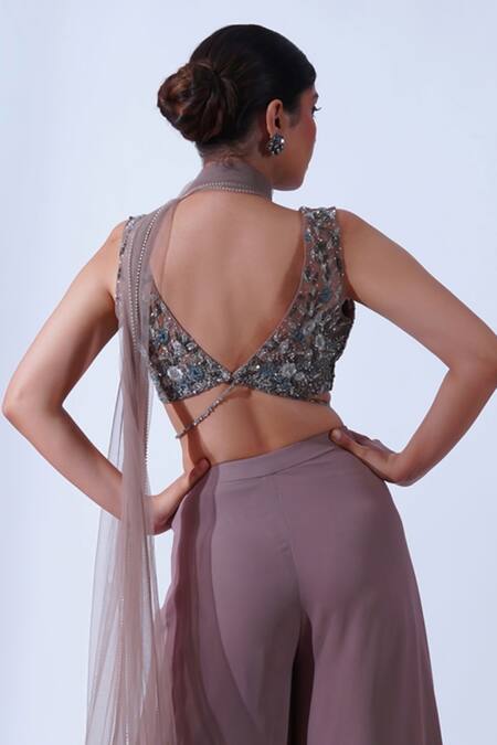 Shop_Aurouss_Brown Tulle, Georgette, Satin Sahiba Astral Embroidered Blouse Palazzo Set _Online_at_Aza_Fashions