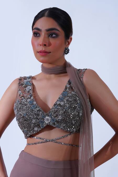 Aurouss_Brown Tulle, Georgette, Satin Sahiba Astral Embroidered Blouse Palazzo Set _at_Aza_Fashions