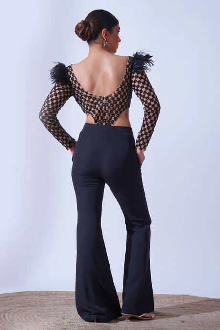 Shop Aurouss Black Silk, Tulle, Brocade, Piya Cutdana Fleur Jaal Bodysuit With Bootcut Pant at Aza Fashions Shop_Aurouss_Black Silk, Tulle, Brocade, Piya Cutdana Fleur Jaal Bodysuit With Bootcut Pant _at_Aza_Fashions