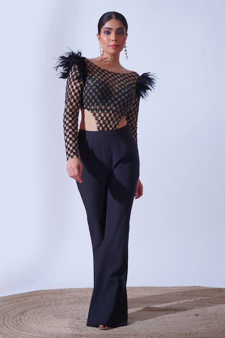 Aurouss Black Silk, Tulle, Brocade, Piya Cutdana Fleur Jaal Bodysuit With Bootcut Pant Online at Aza Fashions Aurouss_Black Silk, Tulle, Brocade, Piya Cutdana Fleur Jaal Bodysuit With Bootcut Pant _Online_at_Aza_Fashions
