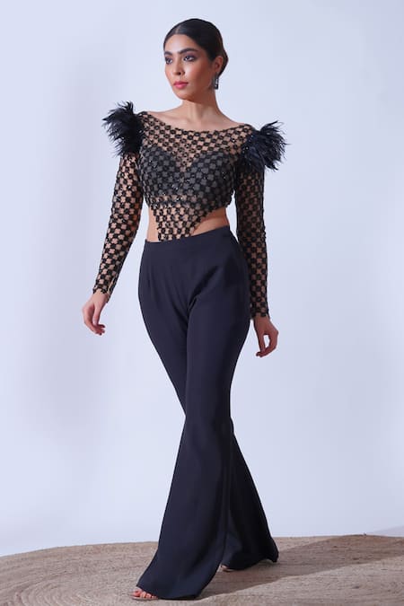 Shop Aurouss Black Silk, Tulle, Brocade, Piya Cutdana Fleur Jaal Bodysuit With Bootcut Pant Online at Aza Fashions Shop_Aurouss_Black Silk, Tulle, Brocade, Piya Cutdana Fleur Jaal Bodysuit With Bootcut Pant _Online_at_Aza_Fashions