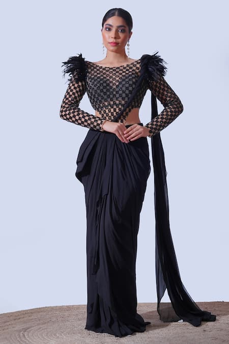 Aurouss Black Georgette Embroidery Feathers Round Cutdana Bodysuit And Saree 