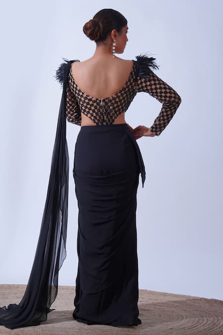 Shop Aurouss Black Tulle, Georgette Feathers, Sequins Cutdana Embroidered Bodysuit And Saree at Aza Fashions Shop_Aurouss_Black Tulle, Georgette Feathers, Sequins Cutdana Embroidered Bodysuit And Saree _at_Aza_Fashions