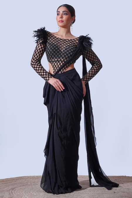 Aurouss Black Tulle, Georgette Feathers, Sequins Cutdana Embroidered Bodysuit And Saree Online at Aza Fashions Aurouss_Black Tulle, Georgette Feathers, Sequins Cutdana Embroidered Bodysuit And Saree _Online_at_Aza_Fashions