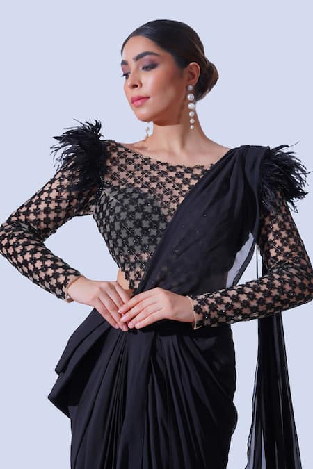 Shop Aurouss Black Tulle, Georgette Feathers, Sequins Cutdana Embroidered Bodysuit And Saree Online at Aza Fashions Shop_Aurouss_Black Tulle, Georgette Feathers, Sequins Cutdana Embroidered Bodysuit And Saree _Online_at_Aza_Fashions