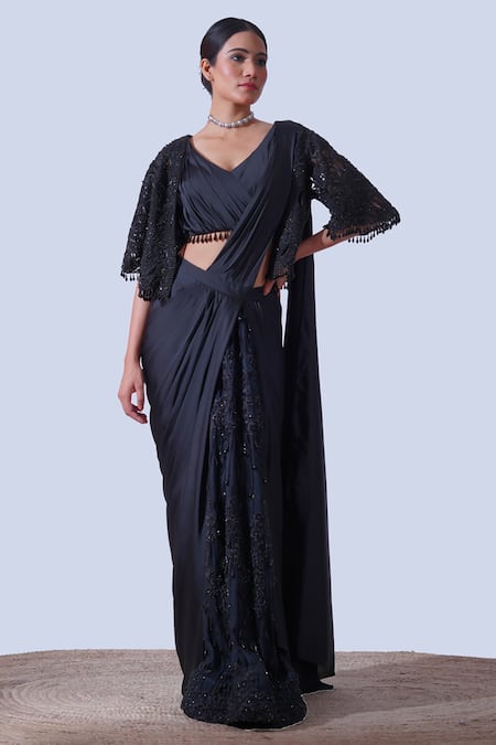 Aurouss Black Silk Satin Myra Helix Embellished Cape Pre-draped Saree Set 