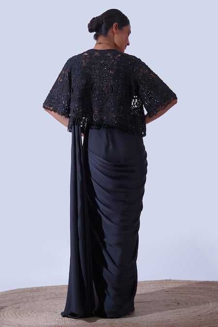 Shop Aurouss Black Silk Satin, Tulle Crystals, Beads Embellished Cape Pre-draped Saree Set at Aza Fashions Shop_Aurouss_Black Silk Satin, Tulle Crystals, Beads Embellished Cape Pre-draped Saree Set _at_Aza_Fashions