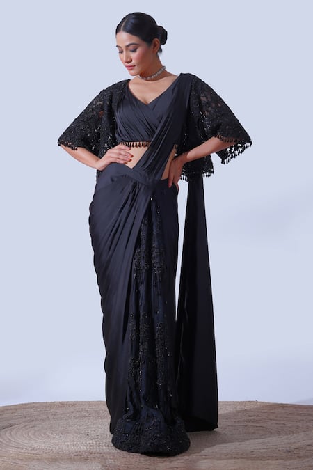 Aurouss Black Silk Satin, Tulle Crystals, Beads Embellished Cape Pre-draped Saree Set Online at Aza Fashions Aurouss_Black Silk Satin, Tulle Crystals, Beads Embellished Cape Pre-draped Saree Set _Online_at_Aza_Fashions