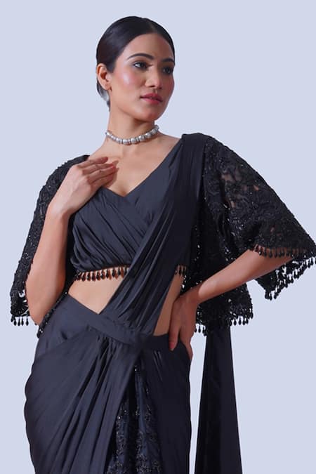 Shop Aurouss Black Silk Satin, Tulle Crystals, Beads Embellished Cape Pre-draped Saree Set Online at Aza Fashions Shop_Aurouss_Black Silk Satin, Tulle Crystals, Beads Embellished Cape Pre-draped Saree Set _Online_at_Aza_Fashions