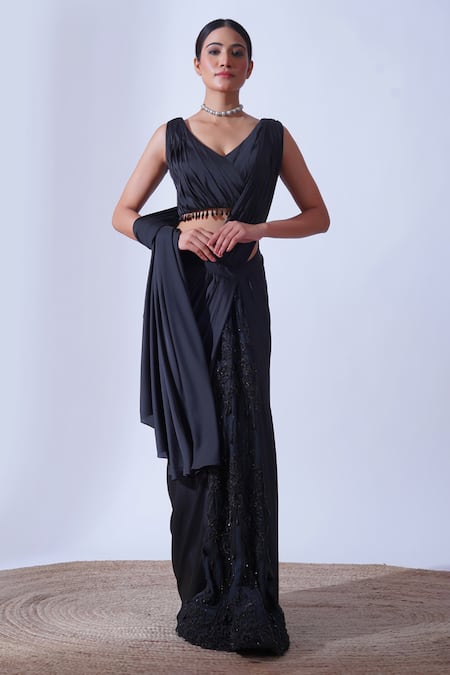 Aurouss Black Satin Silk Myra Helix Embellished Pre-draped Saree Set 