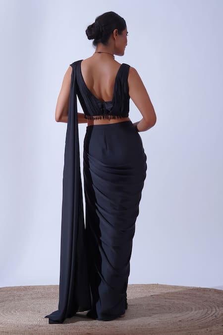 Shop Aurouss Black Satin, Silk Beads, Crystals Myra Helix Embellished Pre-draped Saree Set at Aza Fashions Shop_Aurouss_Black Satin, Silk Beads, Crystals Myra Helix Embellished Pre-draped Saree Set _at_Aza_Fashions