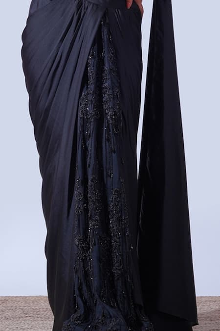 Aurouss Black Satin, Silk Beads, Crystals Myra Helix Embellished Pre-draped Saree Set Online at Aza Fashions Aurouss_Black Satin, Silk Beads, Crystals Myra Helix Embellished Pre-draped Saree Set _Online_at_Aza_Fashions