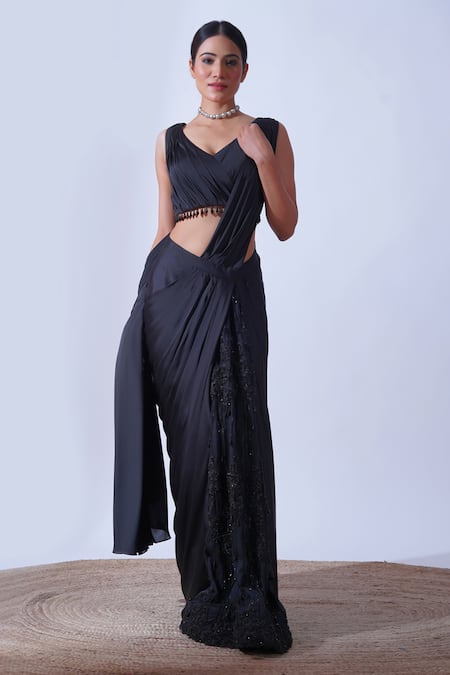 Buy Aurouss Black Satin, Silk Beads, Crystals Myra Helix Embellished Pre-draped Saree Set Online at Aza Fashions Buy_Aurouss_Black Satin, Silk Beads, Crystals Myra Helix Embellished Pre-draped Saree Set _Online_at_Aza_Fashions