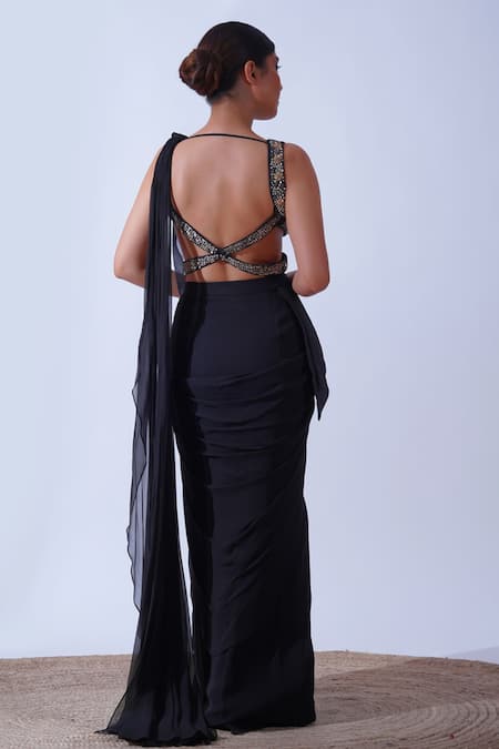 Shop Aurouss Black Silk, Georgette Musk Bloom Embellished Blouse With Pre-draped Saree at Aza Fashions Shop_Aurouss_Black Silk, Georgette Musk Bloom Embellished Blouse With Pre-draped Saree _at_Aza_Fashions