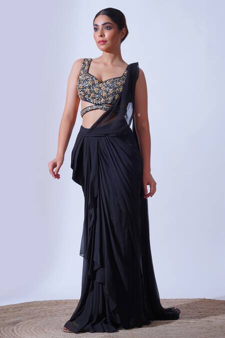 Aurouss Black Silk, Georgette Musk Bloom Embellished Blouse With Pre-draped Saree Online at Aza Fashions Aurouss_Black Silk, Georgette Musk Bloom Embellished Blouse With Pre-draped Saree _Online_at_Aza_Fashions