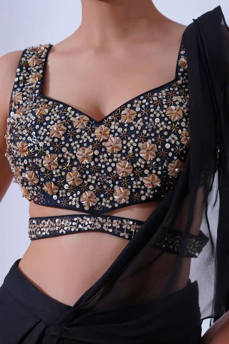 Buy Aurouss Black Silk, Georgette Musk Bloom Embellished Blouse With Pre-draped Saree Online at Aza Fashions Buy_Aurouss_Black Silk, Georgette Musk Bloom Embellished Blouse With Pre-draped Saree _Online_at_Aza_Fashions
