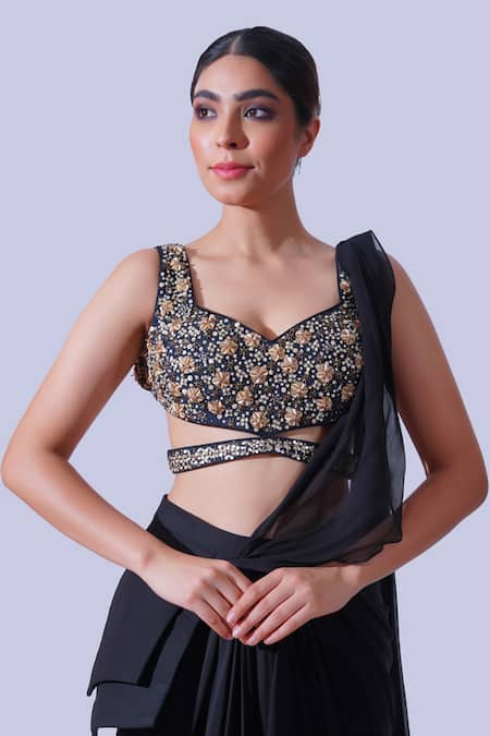 Shop Aurouss Black Silk, Georgette Musk Bloom Embellished Blouse With Pre-draped Saree Online at Aza Fashions Shop_Aurouss_Black Silk, Georgette Musk Bloom Embellished Blouse With Pre-draped Saree _Online_at_Aza_Fashions