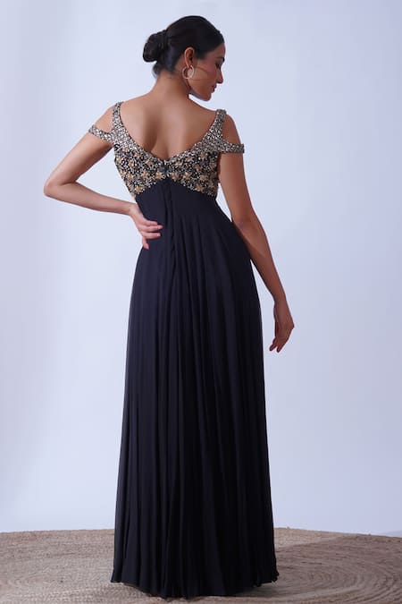 Shop Aurouss Black Tulle, Georgette Pearls, Jia Floral Burst Embellished Cold Shoulder Gown at Aza Fashions Shop_Aurouss_Black Tulle, Georgette Pearls, Jia Floral Burst Embellished Cold Shoulder Gown _at_Aza_Fashions