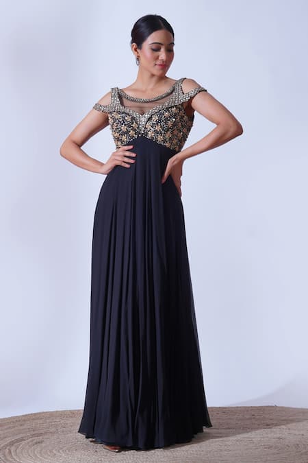 Aurouss Black Tulle, Georgette Pearls, Jia Floral Burst Embellished Cold Shoulder Gown Online at Aza Fashions Aurouss_Black Tulle, Georgette Pearls, Jia Floral Burst Embellished Cold Shoulder Gown _Online_at_Aza_Fashions