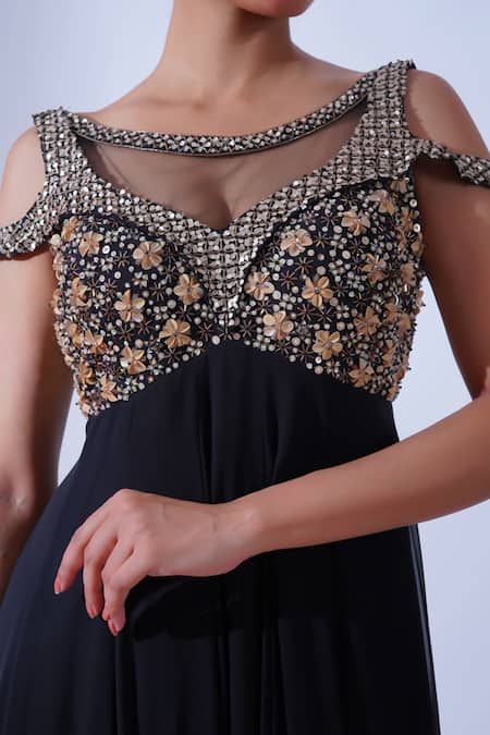 Buy Aurouss Black Tulle, Georgette Pearls, Jia Floral Burst Embellished Cold Shoulder Gown Online at Aza Fashions Buy_Aurouss_Black Tulle, Georgette Pearls, Jia Floral Burst Embellished Cold Shoulder Gown _Online_at_Aza_Fashions