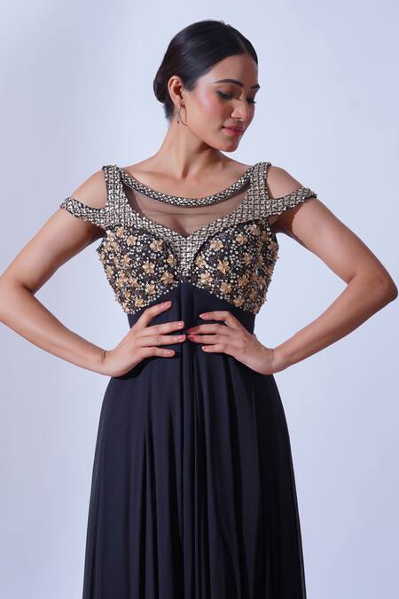 Shop Aurouss Black Tulle, Georgette Pearls, Jia Floral Burst Embellished Cold Shoulder Gown Online at Aza Fashions Shop_Aurouss_Black Tulle, Georgette Pearls, Jia Floral Burst Embellished Cold Shoulder Gown _Online_at_Aza_Fashions