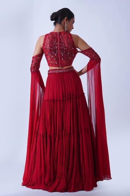 Shop Aurouss Maroon Georgette, Net Sequins, Beads Halter Ananya Pleated Tiered Lehenga Set at Aza Fashions Shop_Aurouss_Maroon Georgette, Net Sequins, Beads Halter Ananya Pleated Tiered Lehenga Set _at_Aza_Fashions