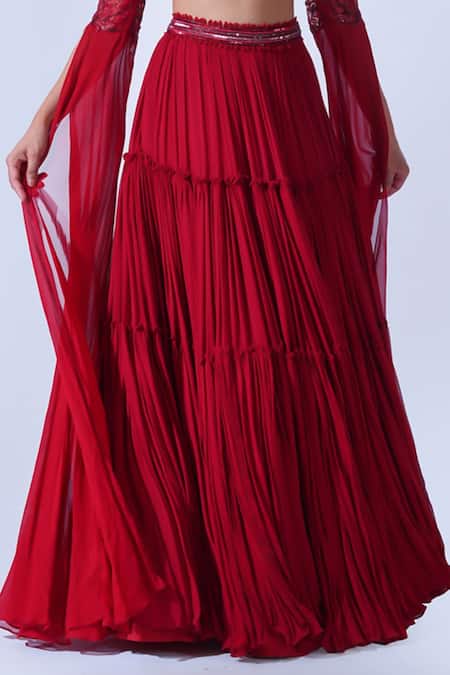 Aurouss Maroon Georgette, Net Sequins, Beads Halter Ananya Pleated Tiered Lehenga Set Online at Aza Fashions Aurouss_Maroon Georgette, Net Sequins, Beads Halter Ananya Pleated Tiered Lehenga Set _Online_at_Aza_Fashions