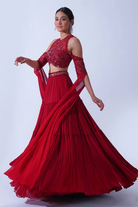 Buy Aurouss Maroon Georgette, Net Sequins, Beads Halter Ananya Pleated Tiered Lehenga Set Online at Aza Fashions Buy_Aurouss_Maroon Georgette, Net Sequins, Beads Halter Ananya Pleated Tiered Lehenga Set _Online_at_Aza_Fashions