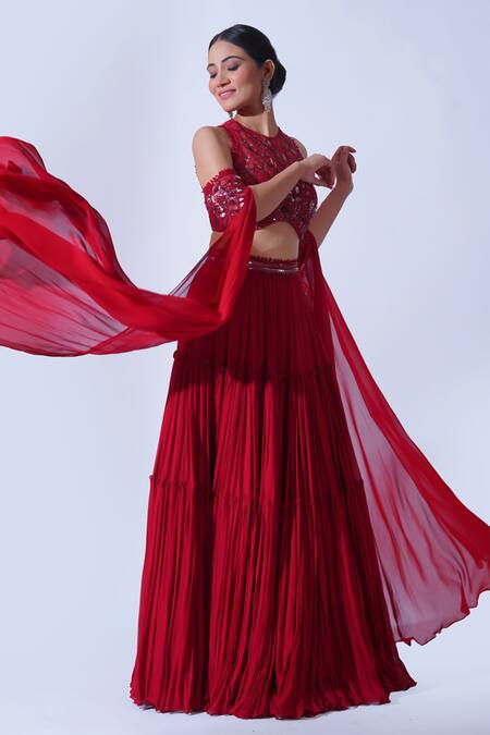 Shop Aurouss Maroon Georgette, Net Sequins, Beads Halter Ananya Pleated Tiered Lehenga Set Online at Aza Fashions Shop_Aurouss_Maroon Georgette, Net Sequins, Beads Halter Ananya Pleated Tiered Lehenga Set _Online_at_Aza_Fashions