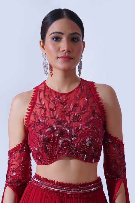 Aurouss Maroon Georgette, Net Sequins, Beads Halter Ananya Pleated Tiered Lehenga Set at Aza Fashions Aurouss_Maroon Georgette, Net Sequins, Beads Halter Ananya Pleated Tiered Lehenga Set _at_Aza_Fashions