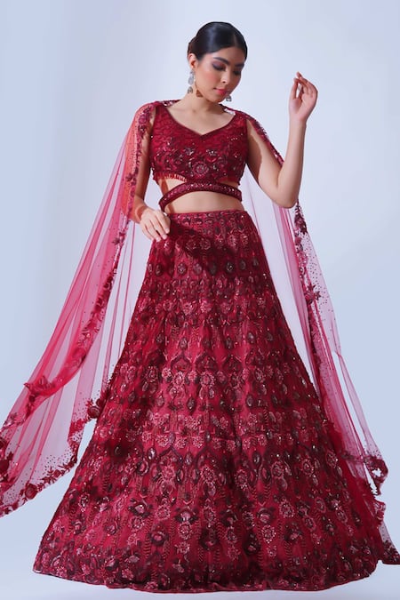 Aurouss_Maroon Tulle, Net Embroidery, Nisha Gulbahar Embellished Bridal Lehenga Set _Online_at_Aza_Fashions