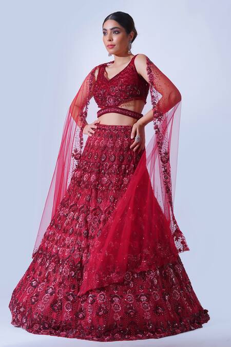 Shop_Aurouss_Maroon Tulle, Net Embroidery, Nisha Gulbahar Embellished Bridal Lehenga Set _Online_at_Aza_Fashions