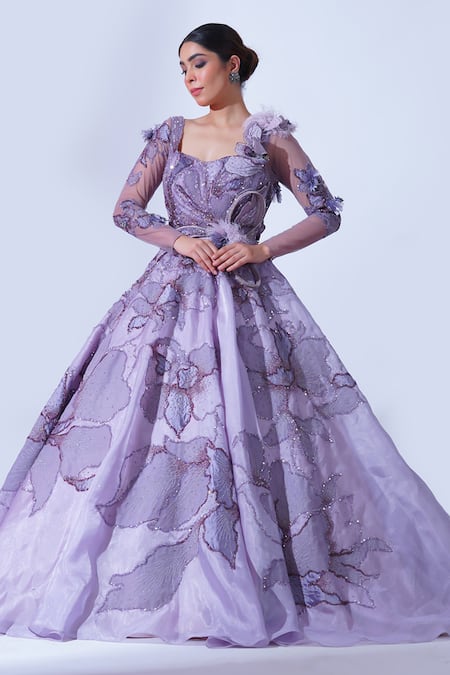 Aurouss Purple Twill Organza Embroidery Periwinkle Sequin Sweetheart Neck Gown 