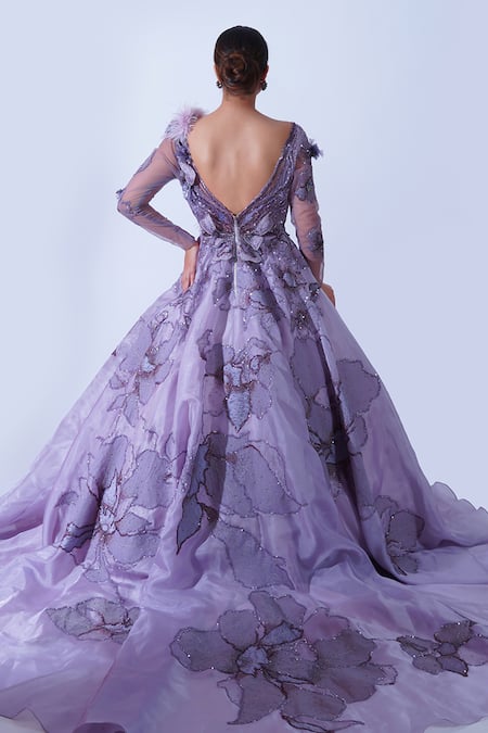 Shop_Aurouss_Purple Tulle, Twill, Organza Feathers, Sequins Periwinkle Embroidered Gown _at_Aza_Fashions