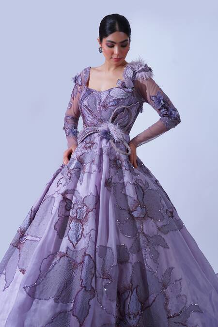 Aurouss_Purple Tulle, Twill, Organza Feathers, Sequins Periwinkle Embroidered Gown _Online_at_Aza_Fashions