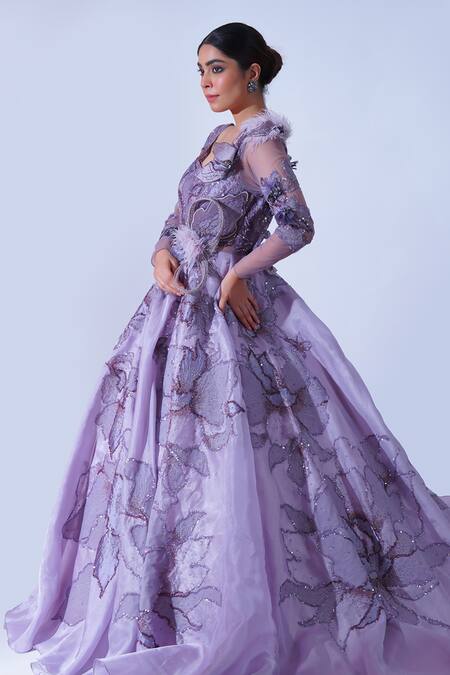 Buy_Aurouss_Purple Tulle, Twill, Organza Feathers, Sequins Periwinkle Embroidered Gown _Online_at_Aza_Fashions